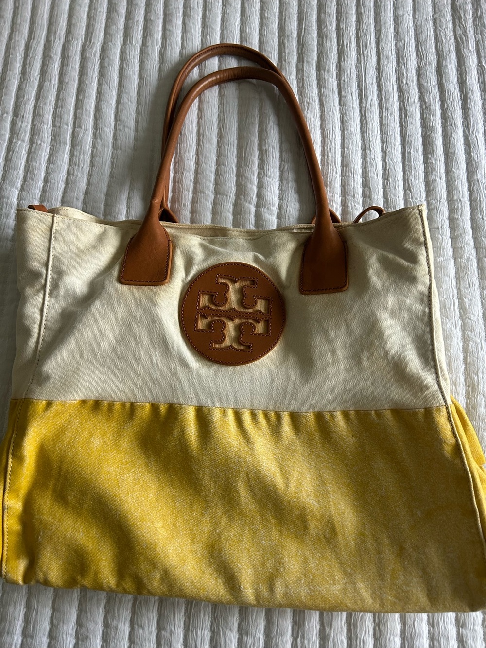 Tory Burch Two-Tone Canvas Tote in Cream, Yellow and Tan Leather